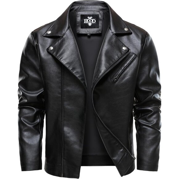 Mens Faux Leather Jacket HOOD CREW Motorcycle Biker Coat Zip Up Lapel Cool - Picture 1 of 6